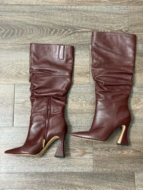 Vince Camuto Women's Burgundy Pointed-Toe Slouch Leather Knee Boots